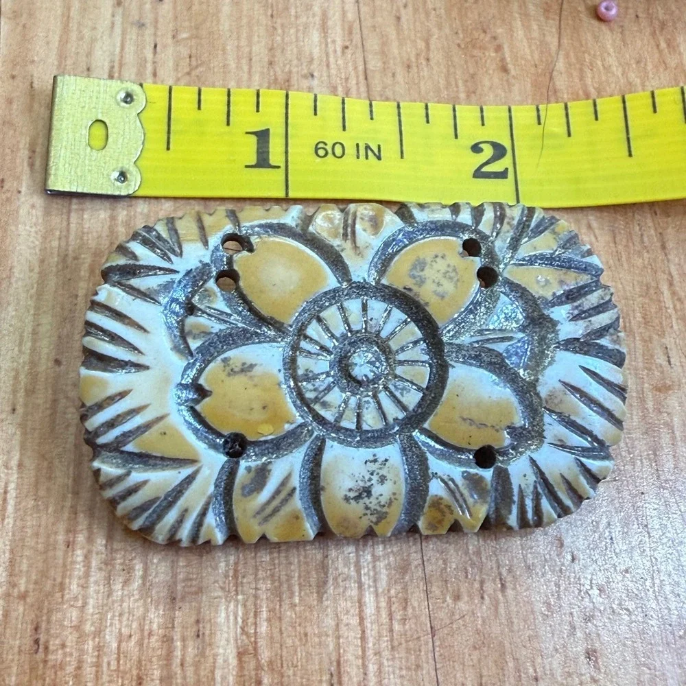 Vintage Carved Floral Brooch Yellow Cream Rectangular Scalloped Edge Pin 2.5